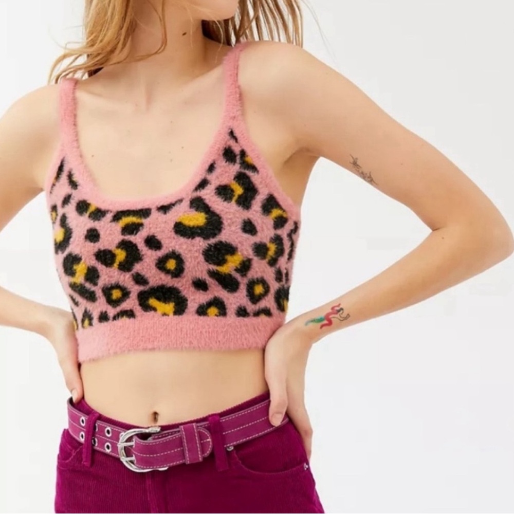 For Love and Lemons Angelina Fuzzy Pink Leopard Crop Top stretch knit